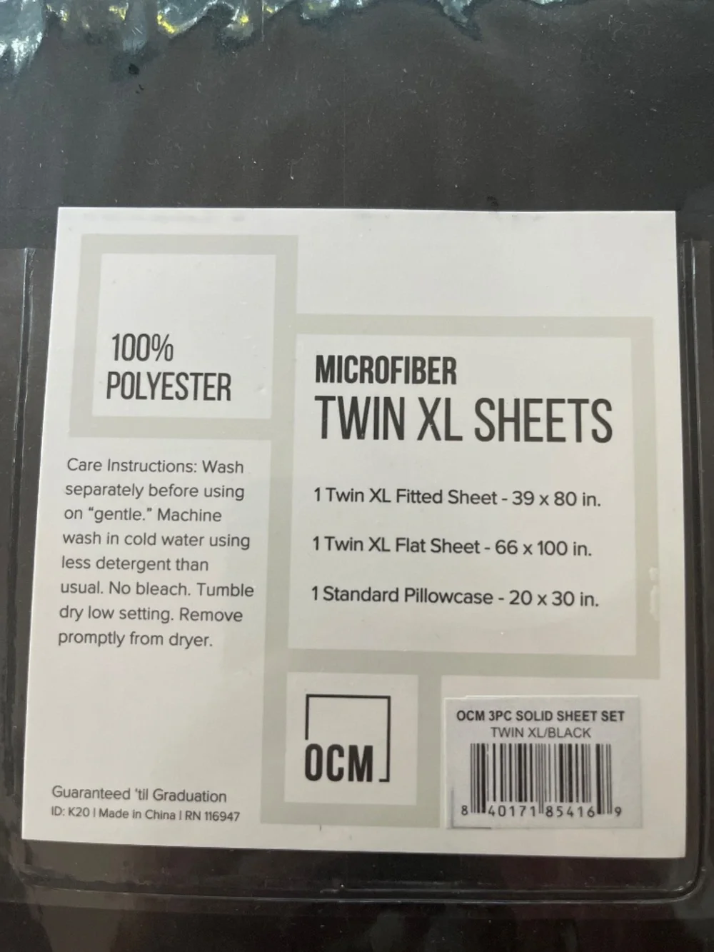 New OCM College Dorm Sheet Set  Twin XL Black Solid Black NIP Student 3‎ Piece